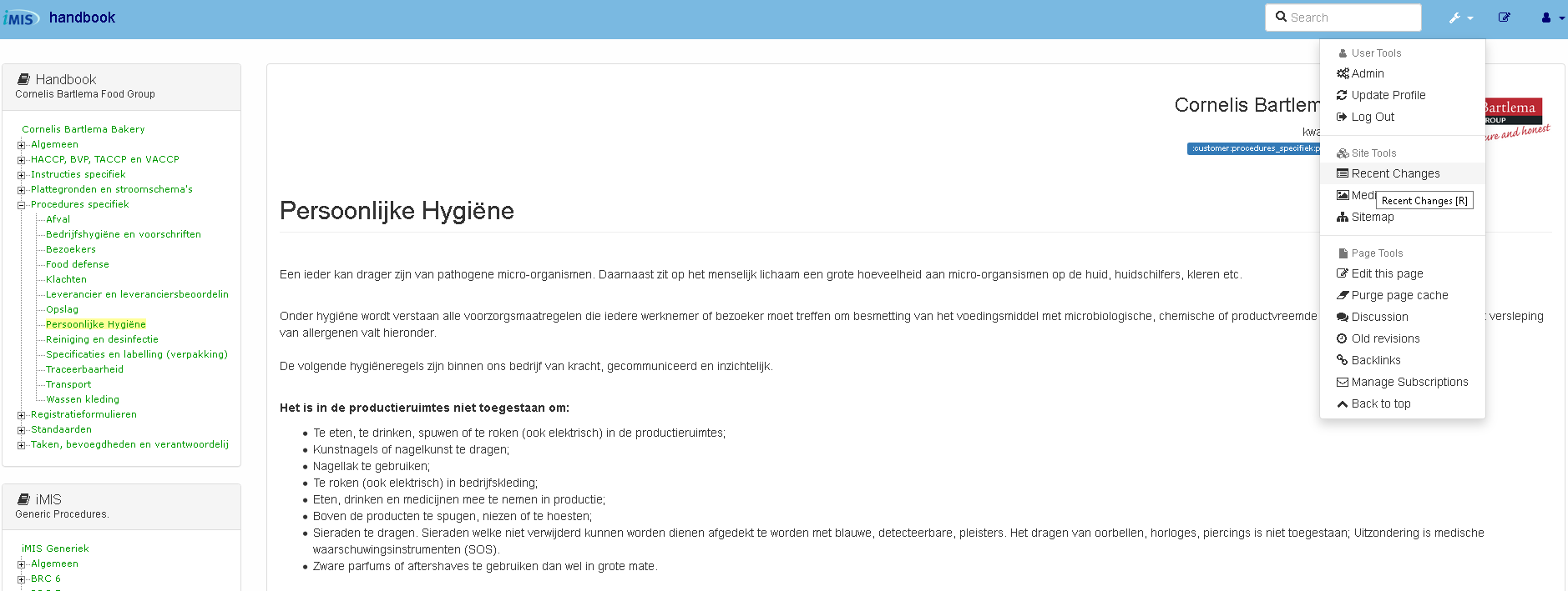 iMIS Food recente wijzigingen iMIS Food recente wijzigingen