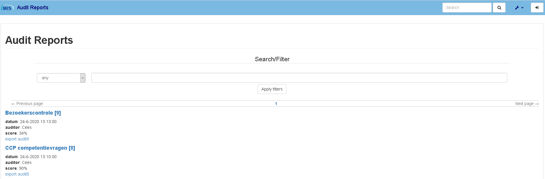 iMIS Audit intranet report zoekfunctie